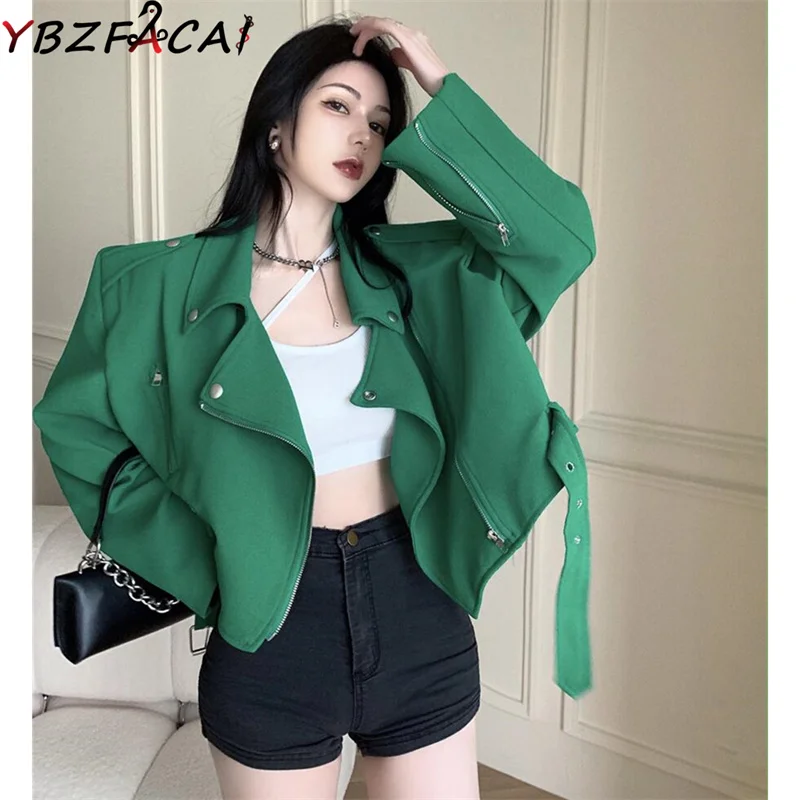 

YBZFACAI Green/White/Black Biker Coat Women Spring Summer Lapel Long Sleeve Loose Zipper Jacket Fashion Casual Cropped Top Women