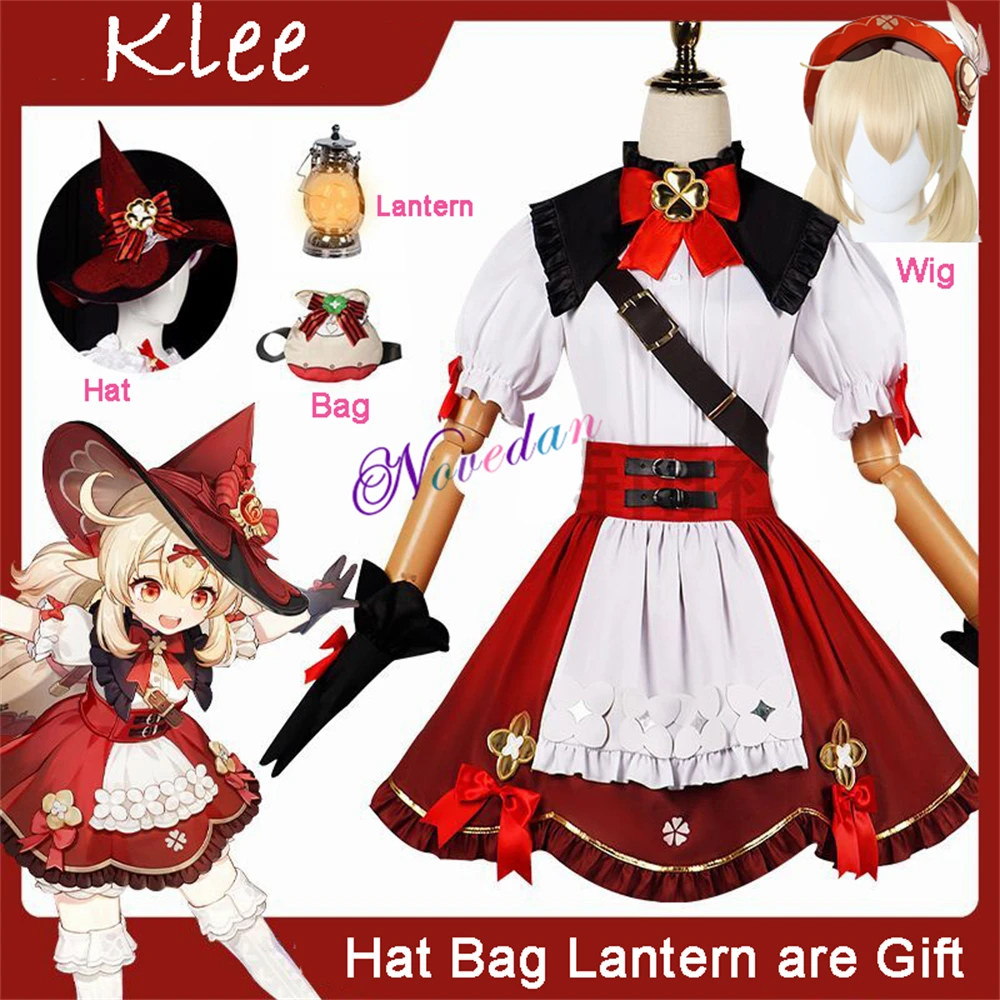 

Anime Game Genshin Impact Klee Cosplay Maid Outfit Backpack Wig Women Cute Dress New Skin Klee Little Witch Costume Halloween