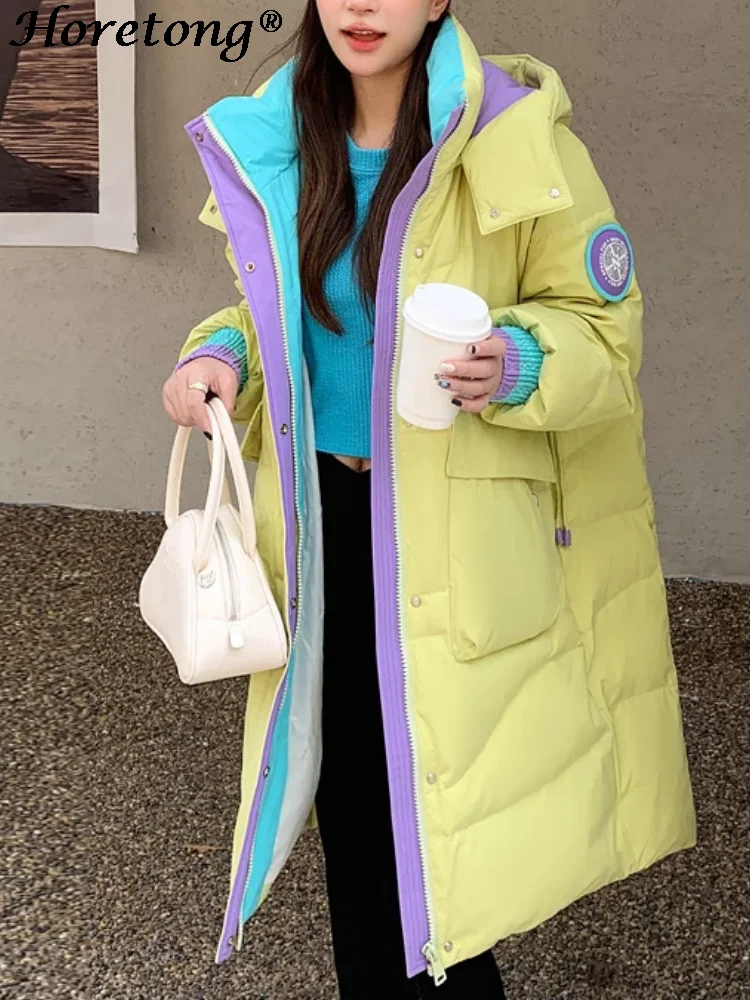 

Horetong Hooded Cotton Padded Parkas 2022 Women Winter Multicolor Patchwork Down Coats Fashion Causal Thick Warm Loose Outerwear