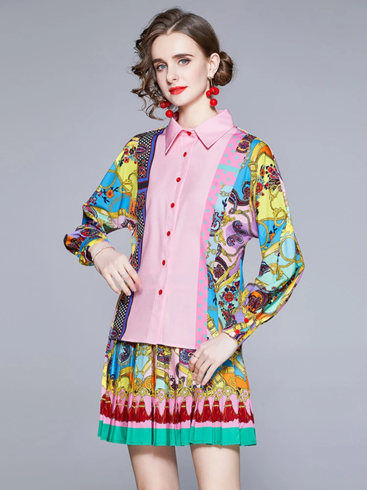 

2022 Autumn Women's New Lapel Print Shirt+high Waist Pleated Skirt Fashion Suit Ic and Elegant Woman Dress Summer 2 Piece Outfit