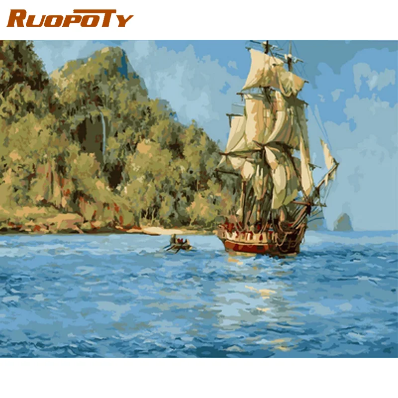 

RUOPOTY Modern Painting By Numbers Handpainted Sailboat Seascape Diy Crafts On Canvas Picture Paint For Adults For Beginner Gift