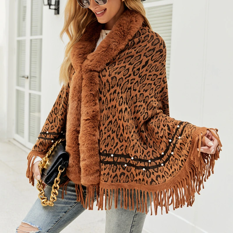 

Women Leopard Print Shawl Cloak Solid Fur Collar Fringe Batwing Sleeve Knitted Loose Cardigan Poncho Winter Ladies Coat