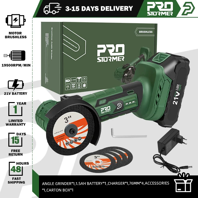 

Бесщеточная угловая шлифовальная машина, 21 В, аккумуляторная полировально-шлифовальная машина, 19500 об/мин, 1500 мАч, электрические электроинструменты для дома от PROSTORMER