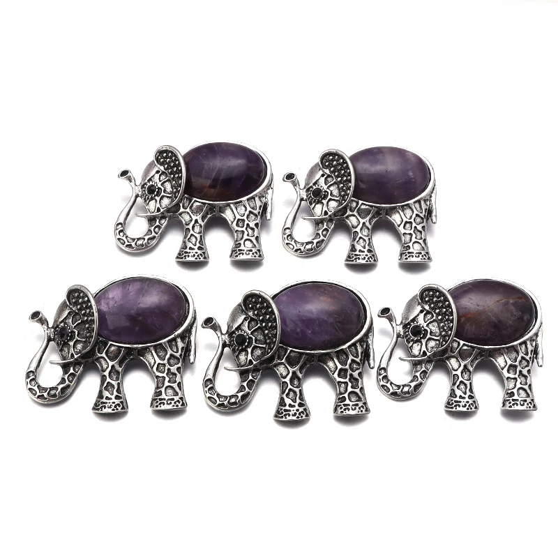 

43x36mm Natural Amethyst Vintage Elephant Brooches Pin Charms Women Party Brooch For DIY Pendant Dress Jewelry Accessories