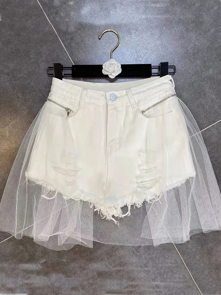 

Korean Chic Women Denim Shorts Patchwork High Waist Slim 2022 Summer Hole Jeans Shorts Feminino With Mesh Ladies Bottom