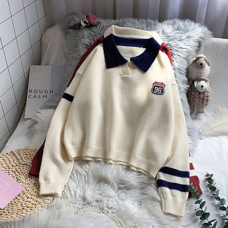 

EBAIHUI 2022 Autumn Winter Knitted Sweater Women Casual Polo Collar Preppy Style Loose Knitted Pullover Female Beige Red Jumper