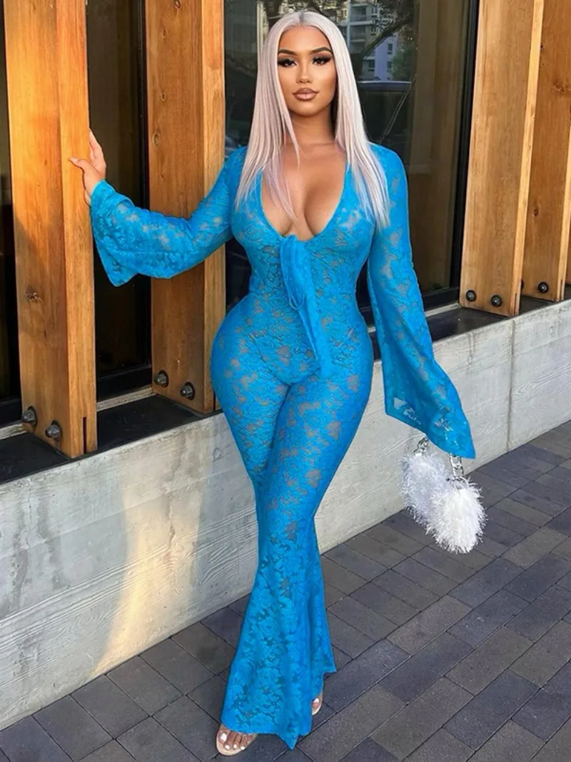 

Women 2023 Autumn Lace Mesh Hollow Out Blue Jumpsuits Sexy Elegant Long Sleeve Bodysuits Night Club Outfits Female Slim Overalls