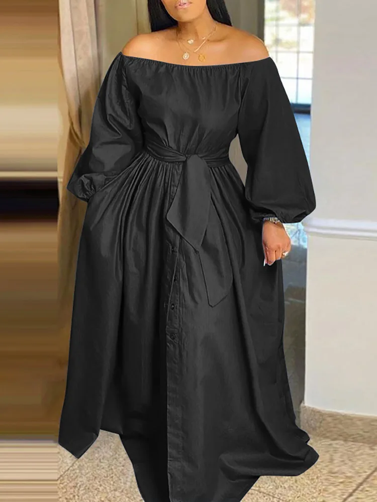 

Богемный Длинный Сарафан VONDA, летнее Элегантное Длинное Платье 2023, женское повседневное однотонное сексуальное платье на пуговицах с открытыми плечами, с поясом