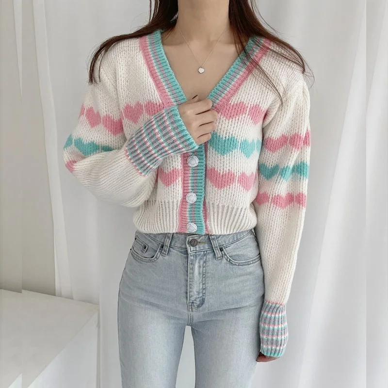 

Autumn Winter Korean Sweet V-neck Knitted Sweater Fashion Love Striped Knit Cardigan Coat Loose Long-sleeve Women Short Knitwear