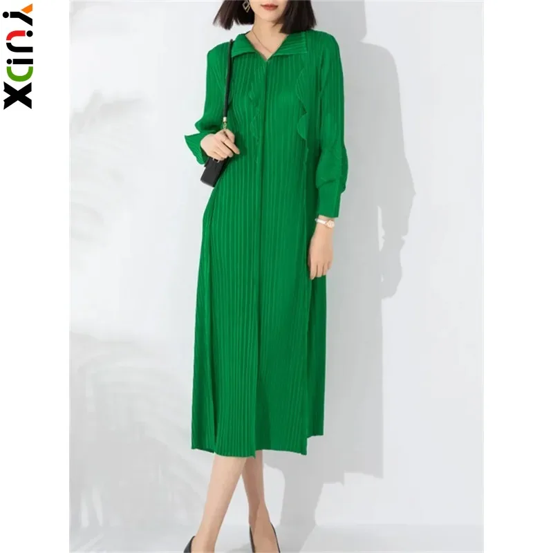

Элегантное плиссированное платье YUDX Miyake, женская Свободная юбка большого размера с лацканами, окантовкой зубов собаки, рукавом-бутоном, плиссированная юбка, осень 2023, новый стиль