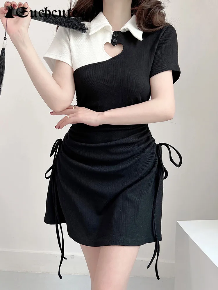 

SUCHCUTE Korean Fashion Patchwork Mini Dress Sexy Hollow Out Vintage Women Party Dresses Fairycore Black Clubwear Outfits Summer
