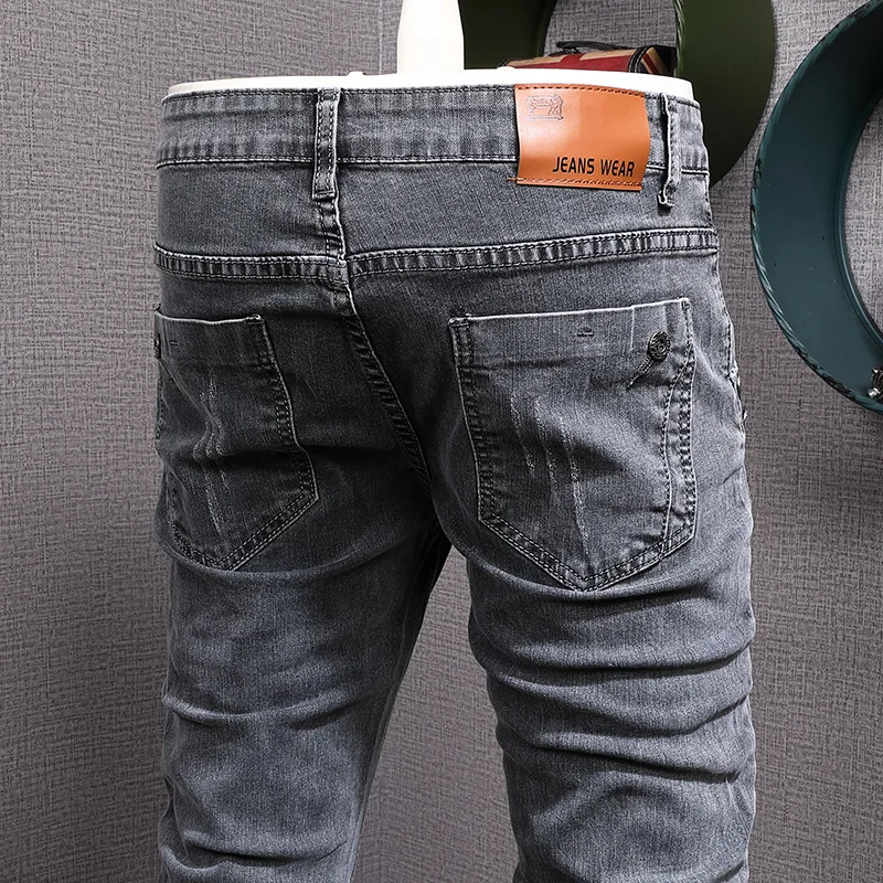 Fashion Designer Men Jeans Retro Gray Stretch Slim Ripped Elastic Trousers Vintage Casual Denim Pencil Pants Hombre