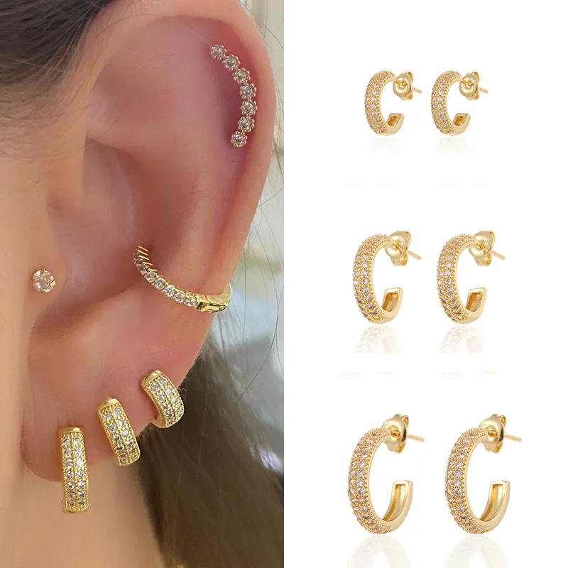 

ENSHIR Gold Plated Silver Color C Shaped Earrings for Women Zircon Multi Size Stud Earrings Jewelry Wholesale