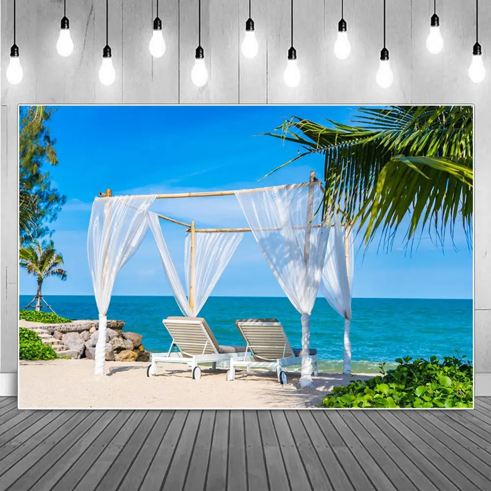 Pure White Curtain Beach Folding Beds Photography Backgrounds Tropical Blue Sky Ocean Holiday Backdrops Photographic Portrait