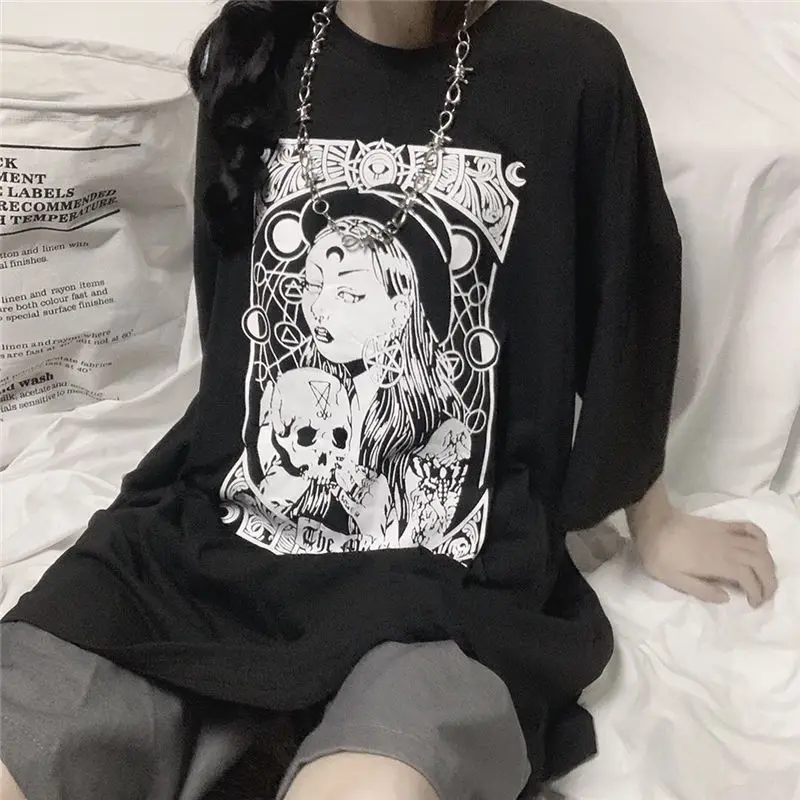 

QWEEK Gothic Graphic T Shirt Harajuku Vintgae Streetwear Dark Korean Fashion Tshirt Tees Mall Goth Tops 2022 Summer Female