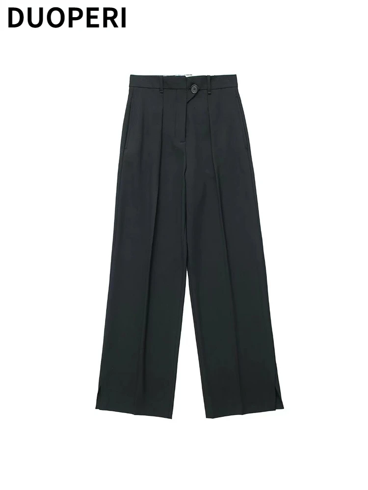 

DUOPERI Women Fashion Solid Black Pleated Trousers Mid Waist Full Length Front Zipper Female Chic Lady Vintage Pants