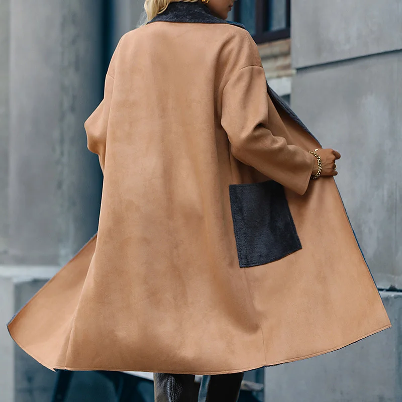 Fashion Women's Wear 2022 Autumn and Winter New Lapel Solid Suede Imitation Fur Contrast Pocket Coat Long Coat