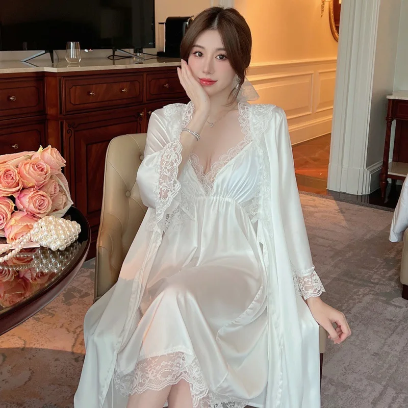 

Pajamas Set for Women Two Piece Set Nightgown Spaghetti Strap Sleeveless Mini Dress Lace Trim Long Sleeve Robes Womens Sleepwear