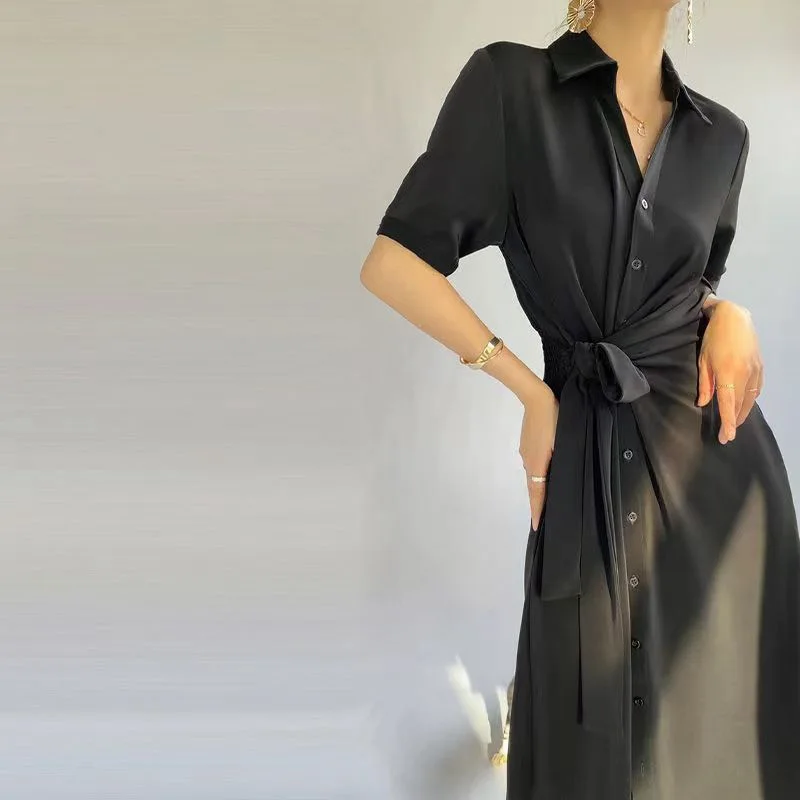 

Vintage Satin Shirt Dress for Women Summer 2022 Fashion New High Waist Lapel Short Sleeve Single Breasted Long Dresses Office