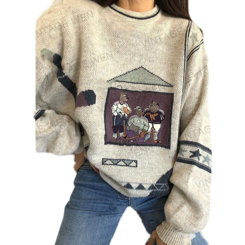 Vintage Floral Gray Jacquard Embroidered Knitwear Trendy Ins Women 'S Autumn And Winter Personalized Sweater
