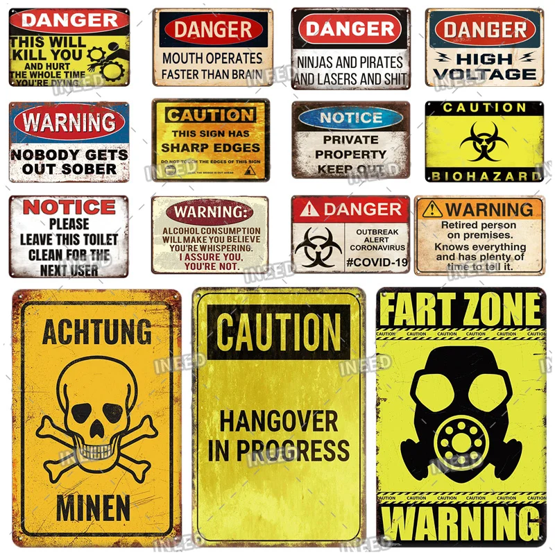 INEED Decor Danger Caution Retro Tin Sign Poster Vintage Wall Metal Sign Decorative Plaque Plate Vintage Wall Decor Accessories