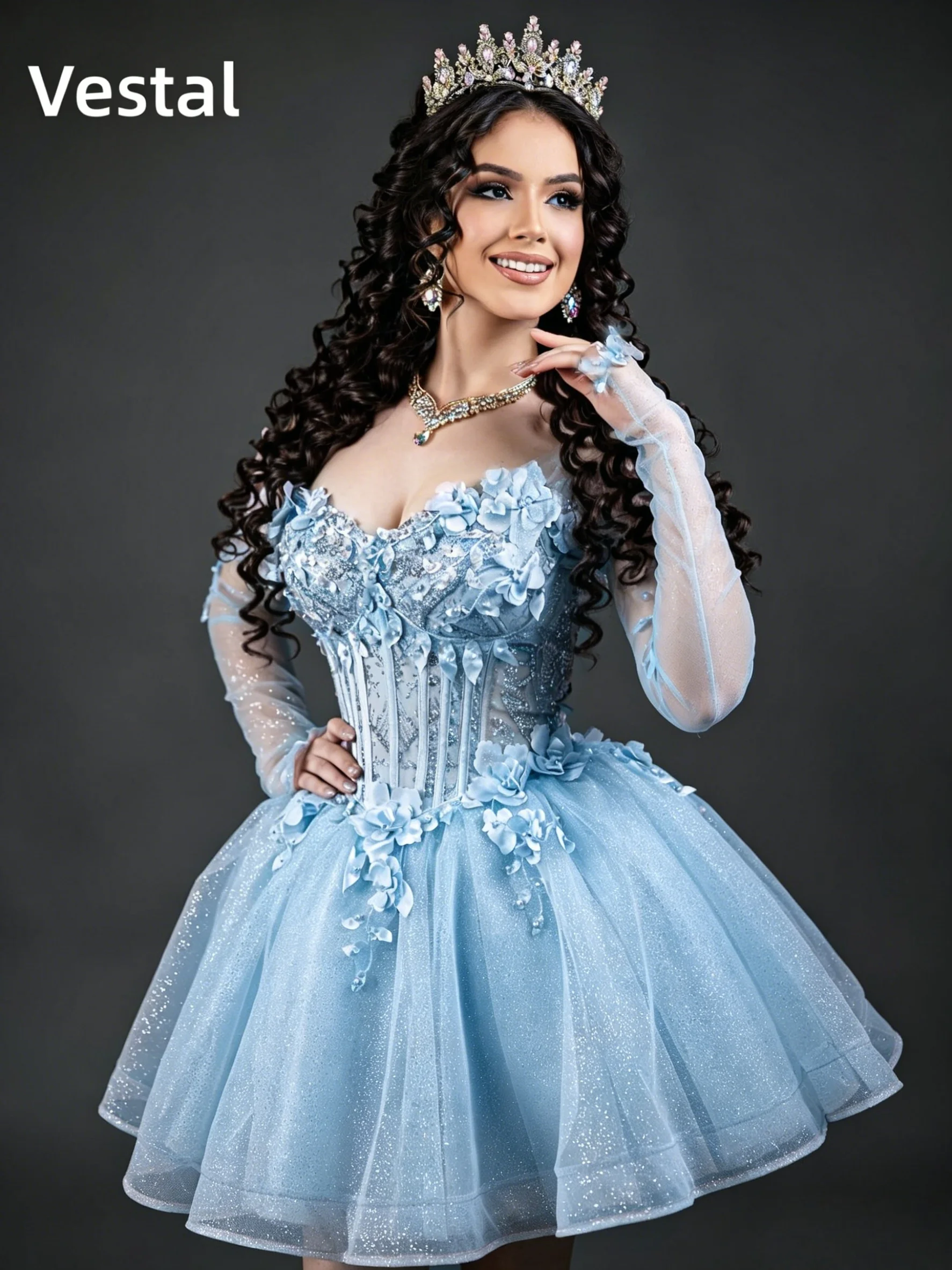 Фото Розовое платье принцессы для Quinceanera с 3D цветочным декором, бальное платье для выпускного вечера, нарядное платье на 16-летие с длинными рукавами, на заказ №3