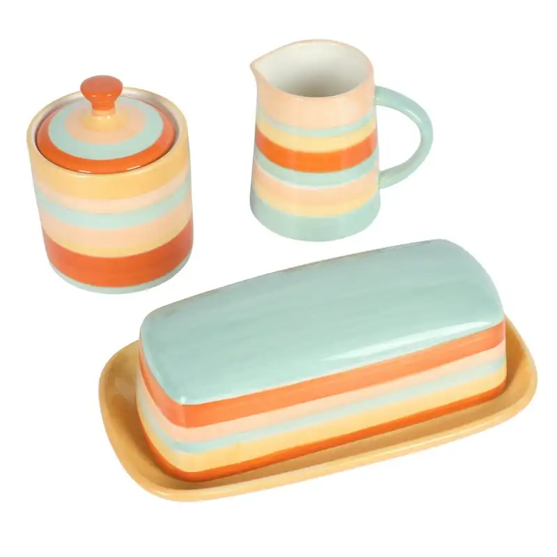 

Vintage Stripe Orange Stoneware Butter Dish, Sugar & Creamer Set