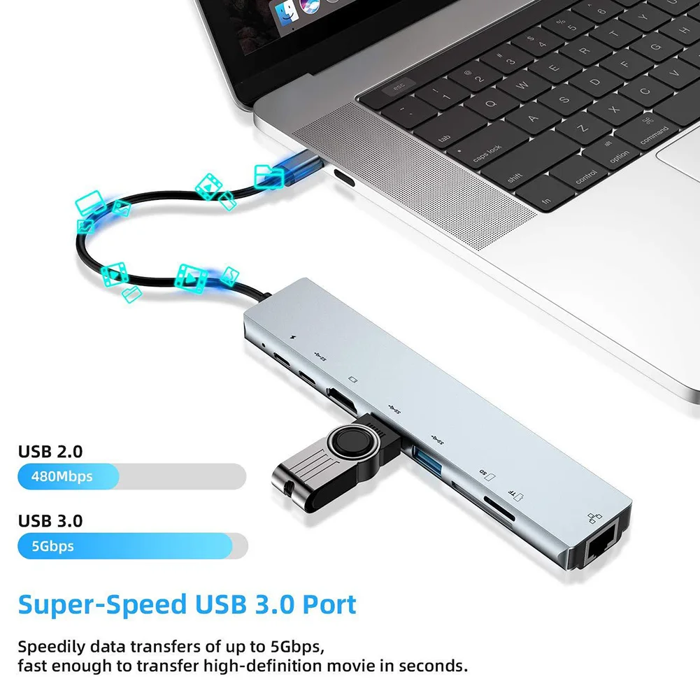 

8 in 1 USB C HUB Type C to RJ45 Lan HDMI-compatible Adapter PD Charge USB 3.0 2.0 HUB Splitter TF SD Card-reader Docking Station