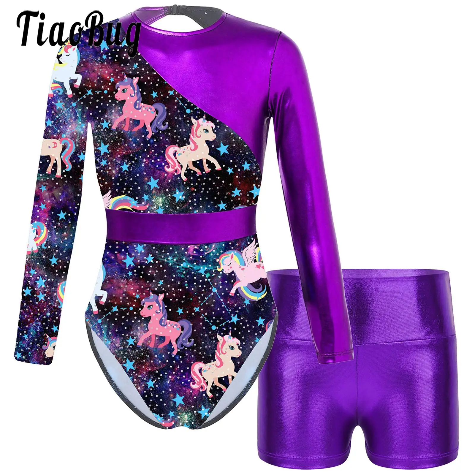 

Kids Girls Long Sleeve Cartoon Printed Gymnastics Leotard with High Waist Shorts Bodysuits Outfits for Dance Athletic Sports
