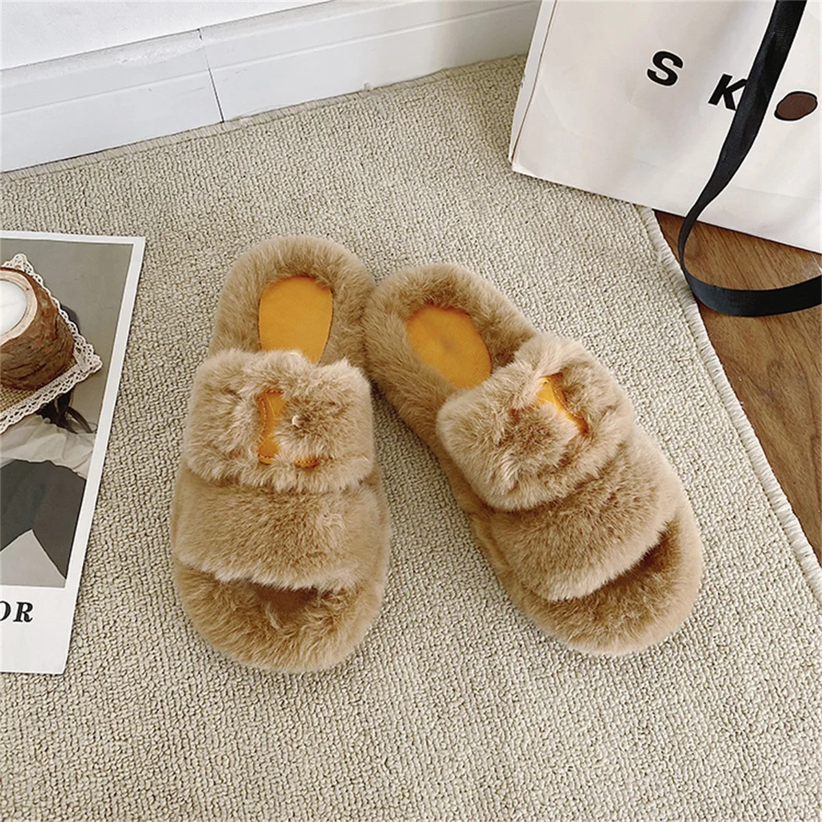 New Spring Autumn Fashion Women's Slippers Flat-Bottomed All-Match Fur Drag Open Toe Women Shoes