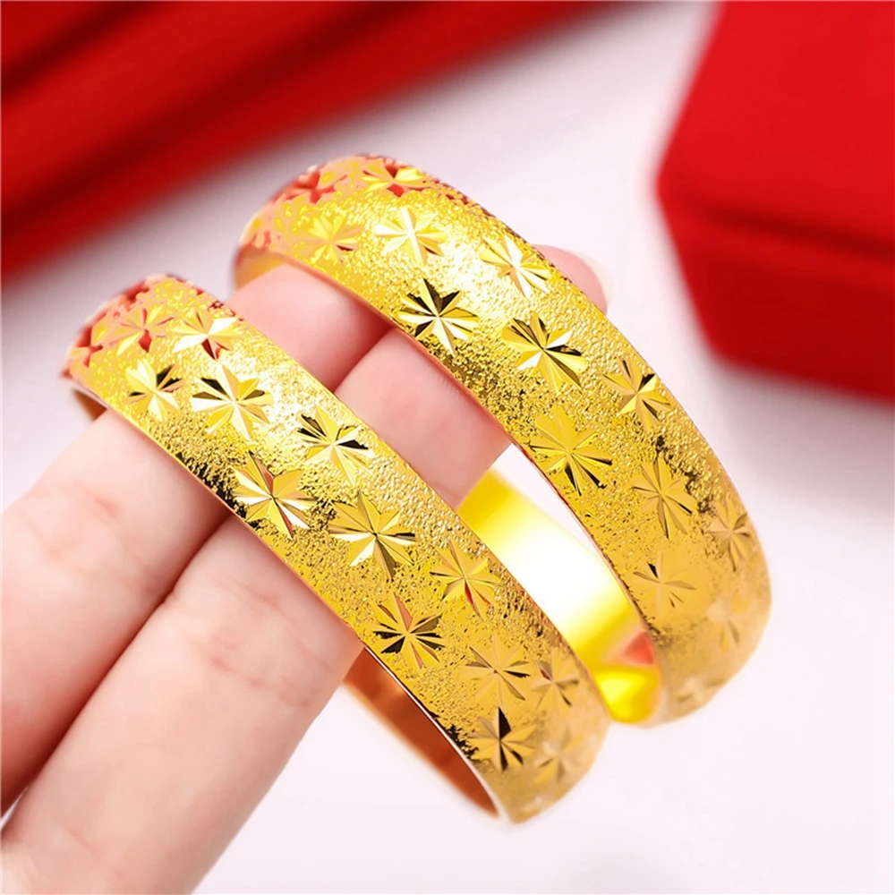 

15mm Bangle Womens Bracelet Carved Star 18K Yellow Gold Filled Solid Dubai Wedding Women's Bangle Vintage Jewelry 1piece