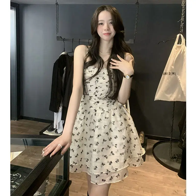 

Kawaii Cute Mini Dress for Women Girl Lolita Lace Tulle Halter Dress Vintage Korean Fairycore Clothes Short Fairy Clothing 2022