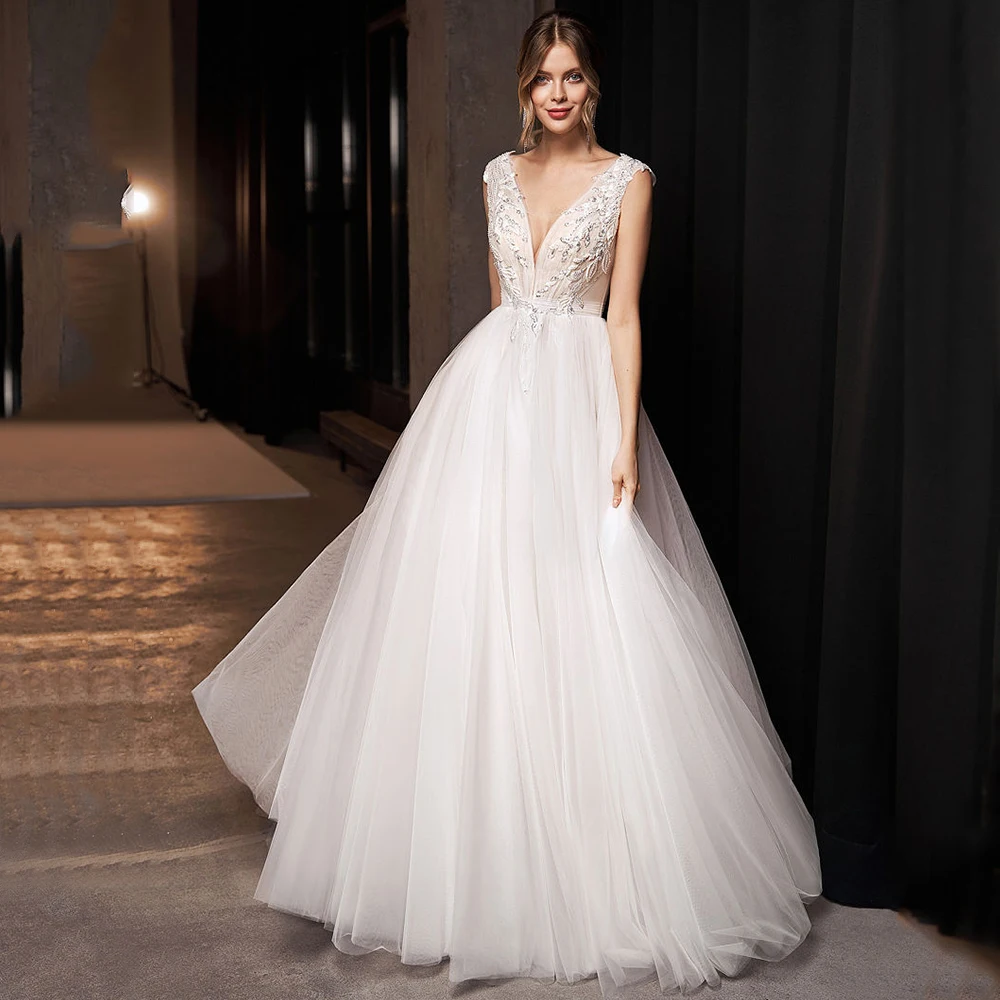 

Modern Deep V-Neck Sleeveless Wedding Dress Pleat and Applique with Beading A-Line Tulle Illusion Back Floor Length Bride Gowns