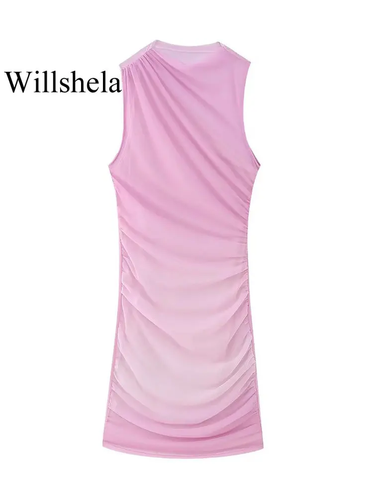 

Willshela Women Fashion Tulle Pink Pleated Mini Dress Vintage O-Neck Sleeveless Female Chic Lady Dresses