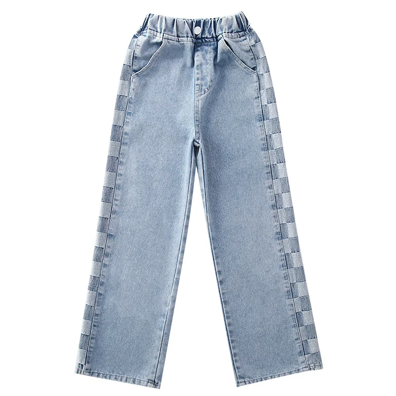 2022 Spring summer Teen Girls blue Jeans Leisure Fashion Straight leg Kids plaid long Pants Child Trousers 4 6 8 10 12 14 Years images - 6