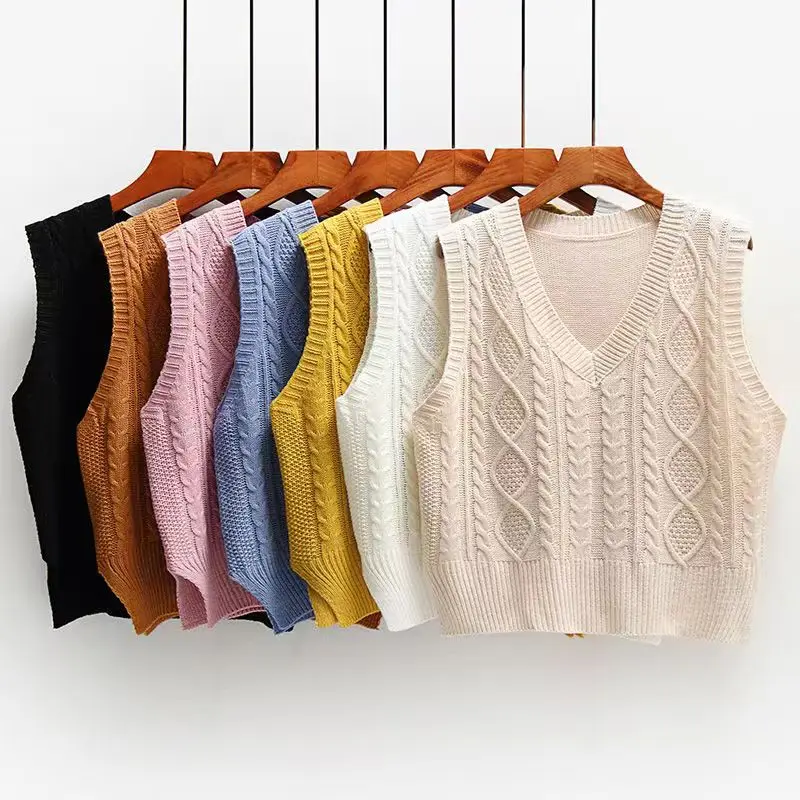 

Women Pink Vest Solid Short Loose Korean Style Sleeveless Sweater V-Neck All-match Female Coats Simple Leisure Knitted Outwear