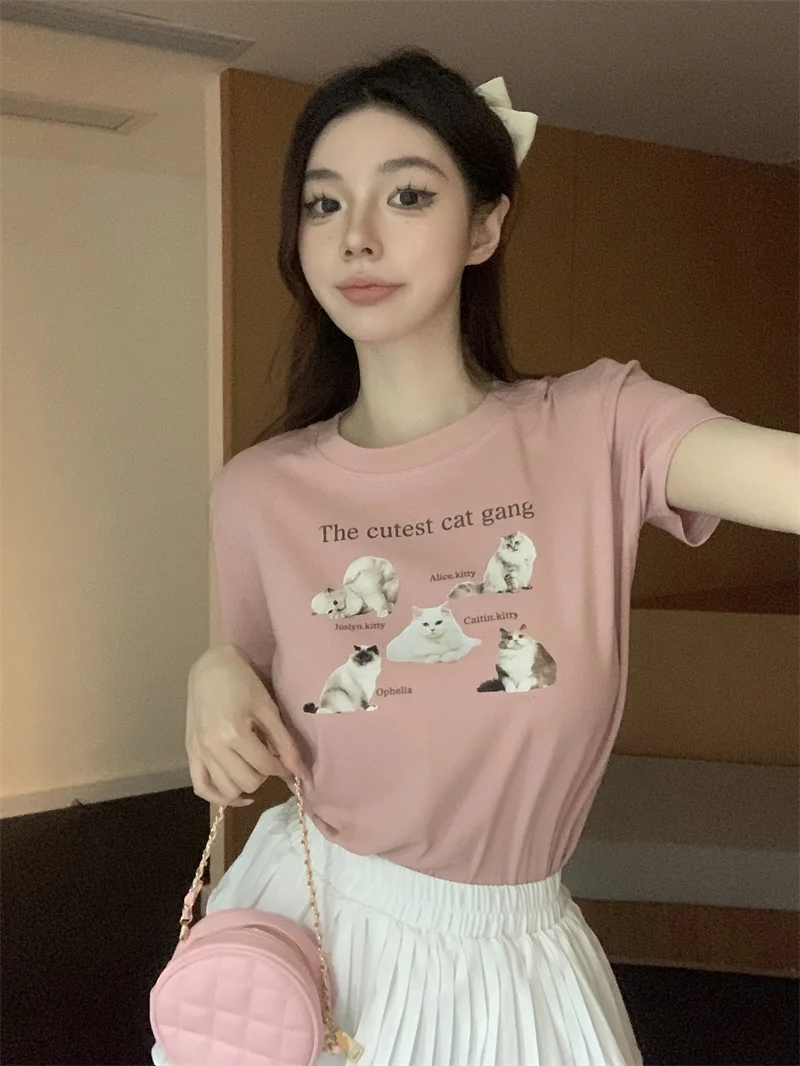 

Cat Print Tshirts for Woman O-neck Short Sleeve Casual Tees Oversized Tops Fashion Summer White T Shirt 2023 Shirts for Women