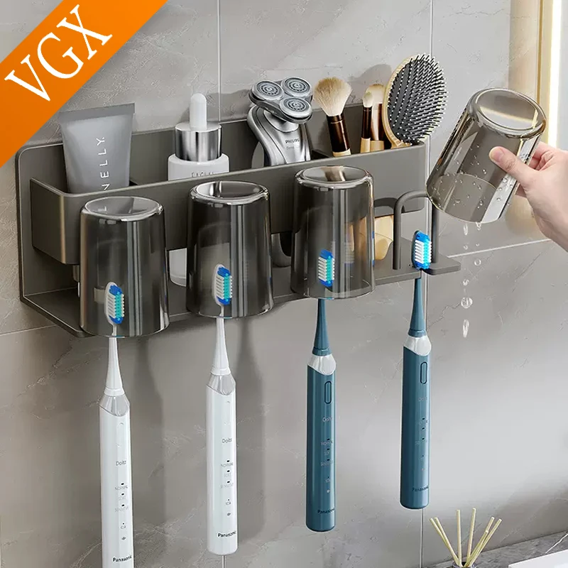 

VGX Wall-mounted Toothbrush Holder Shelf Electric Toothbrush Rack Set Mouthwash Gargle Tooth Cup Punch-free Bathroom Accessories