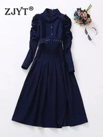zjyt elegant runway puff long sleeve autumn dress for women 2022 new turn down collar dark blue midi vestidos vintage party robe