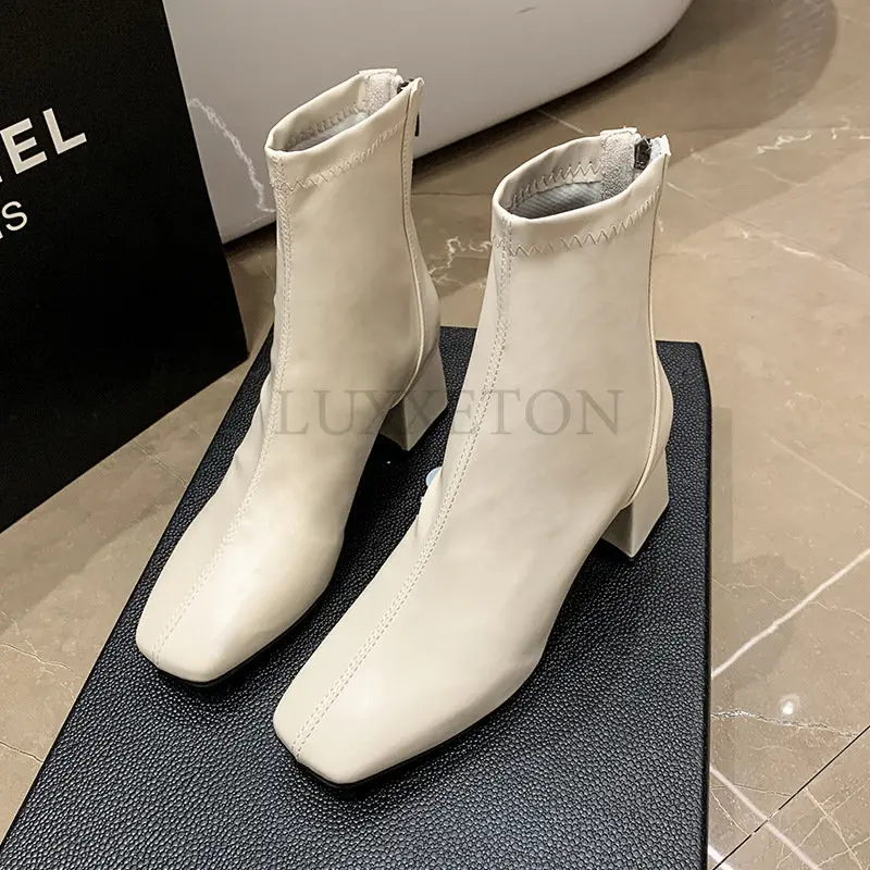 

Winter Short Zipper Women Shoes Women Toe Fashion Warm 2022 Square Heel Shoes White Boots 2022 New