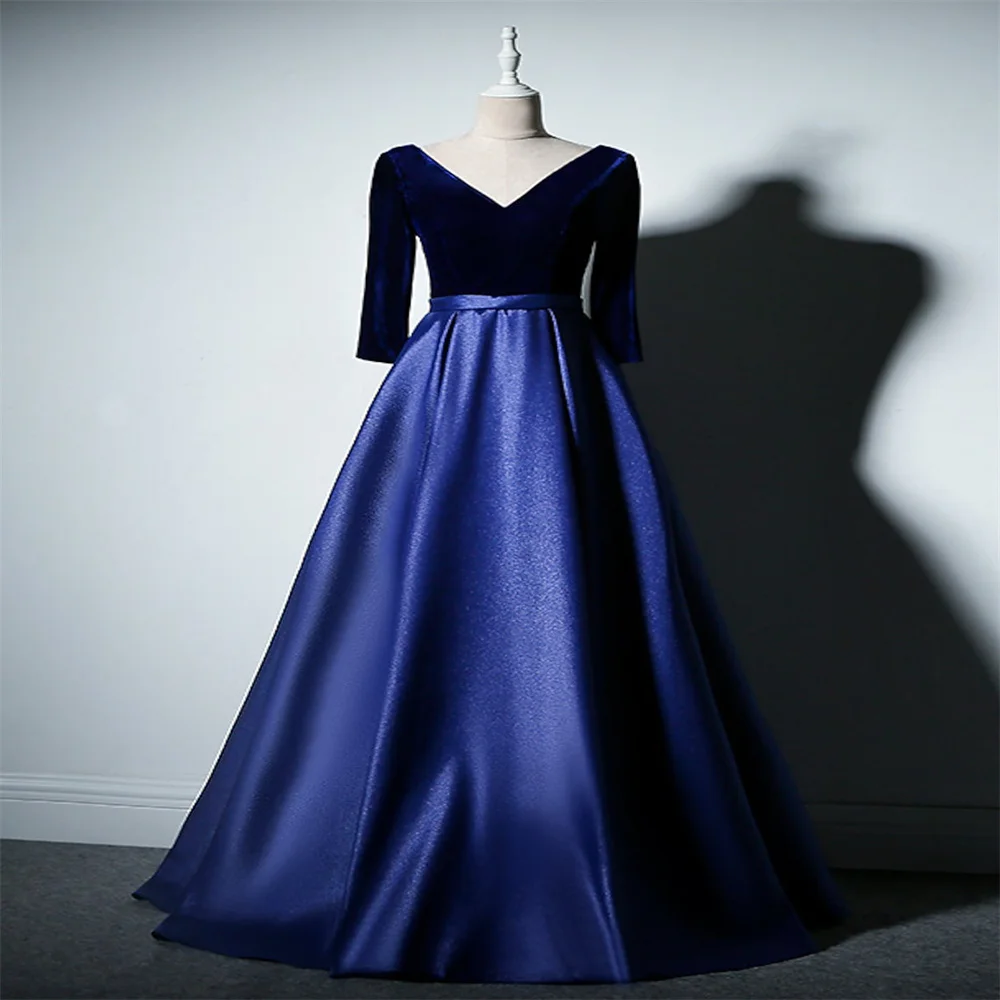 

A-Line Mother of the Bride Dress Simple Elegant V Neck Floor Length Taffeta Velvet Long Sleeve with Pleats vestido longo festa d
