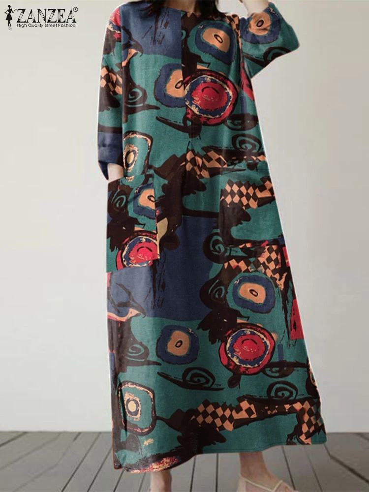 ZANZEA 2024 осеннее винтажное мешковатое платье с длинным рукавом сарафан кафтан