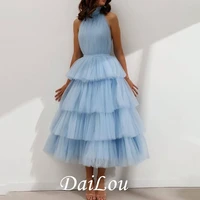 fashion demure elegant sky blue a line women dress ruffles tulle layered halter ball gown photography colors custom made 2022