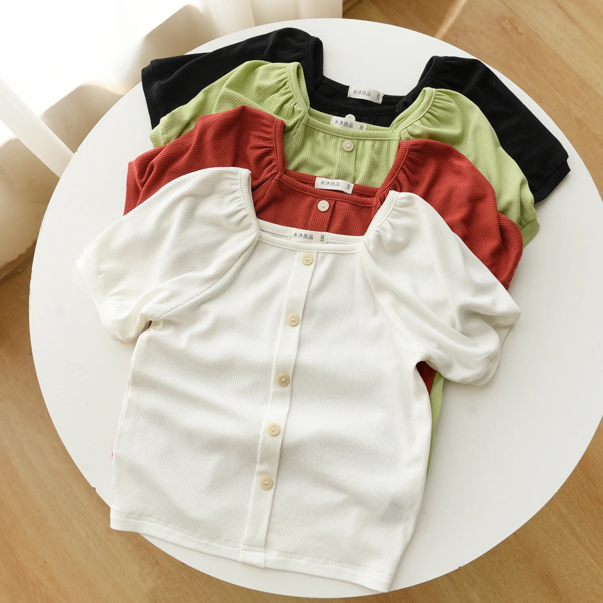 

Summer New Children Tops Tees Baby Girls Solid Color Puff Sleeve Pit Stripe Bottoming T Shirt
