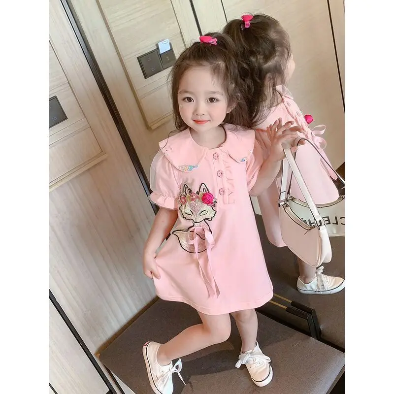 

Little Girl Dress 2023 Summer New Kids Short Sleeve Cartoon Bow Polo Dresses Fashion Children Casual Clothing Baby Girl Clothes