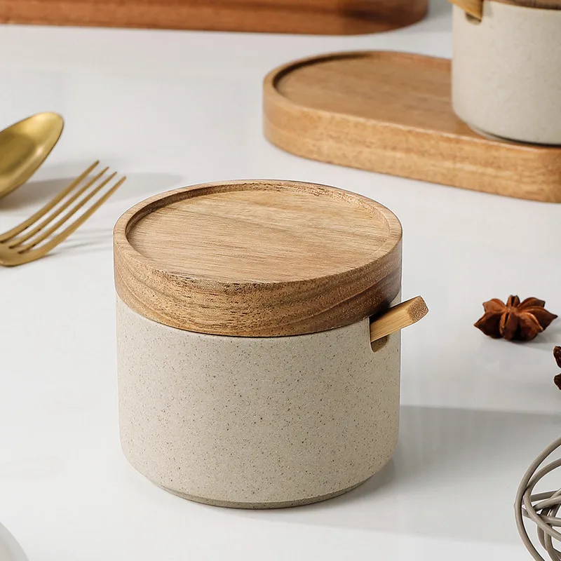 

Kitchen Ceramic Jar Porcelain Seasoning Container Clay Condiment Storage Bottle Pottery Can for Salt Sugar Spice with Spoon Lid