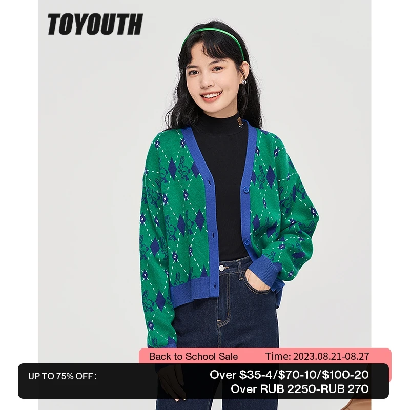 

Toyouth Women Knit Cardigan 2022 Autumn Long Sleeves V Neck Loose Sweaters Graphic Print Klein Blue Green Casual Chic Tops
