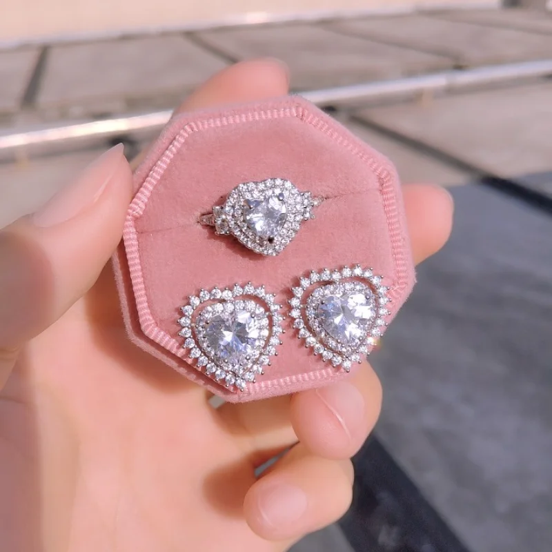 

Uilz Heart-shaped Zircon Ring Earring Set for Women Silver Color Crystal Bride Jewelry Rings Stud Earrings Sets Wedding Gift Ear