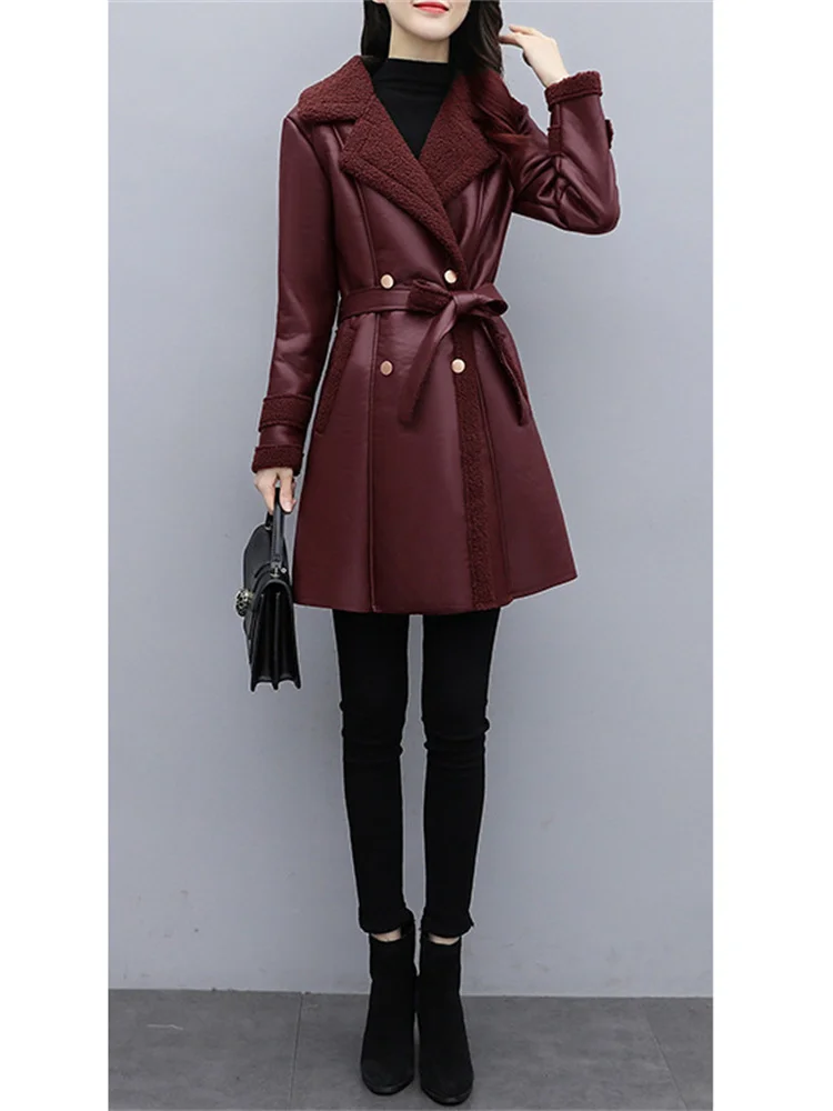 Leather Coat Women L-5XL Loose Suit Collar Belt Casual 2022 Autumn Winter New Fashion Thick Warmth Faux Leather Jackets Feminina