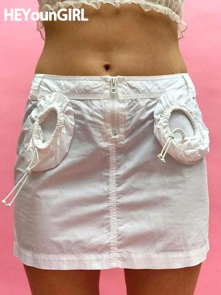 

HEYounGIRL Women's High Waist Cargo Skirt Chic Pocket Korean Casual Y2K White Tennis Skirt Zipper Grunge Cute Harajuku Clothes